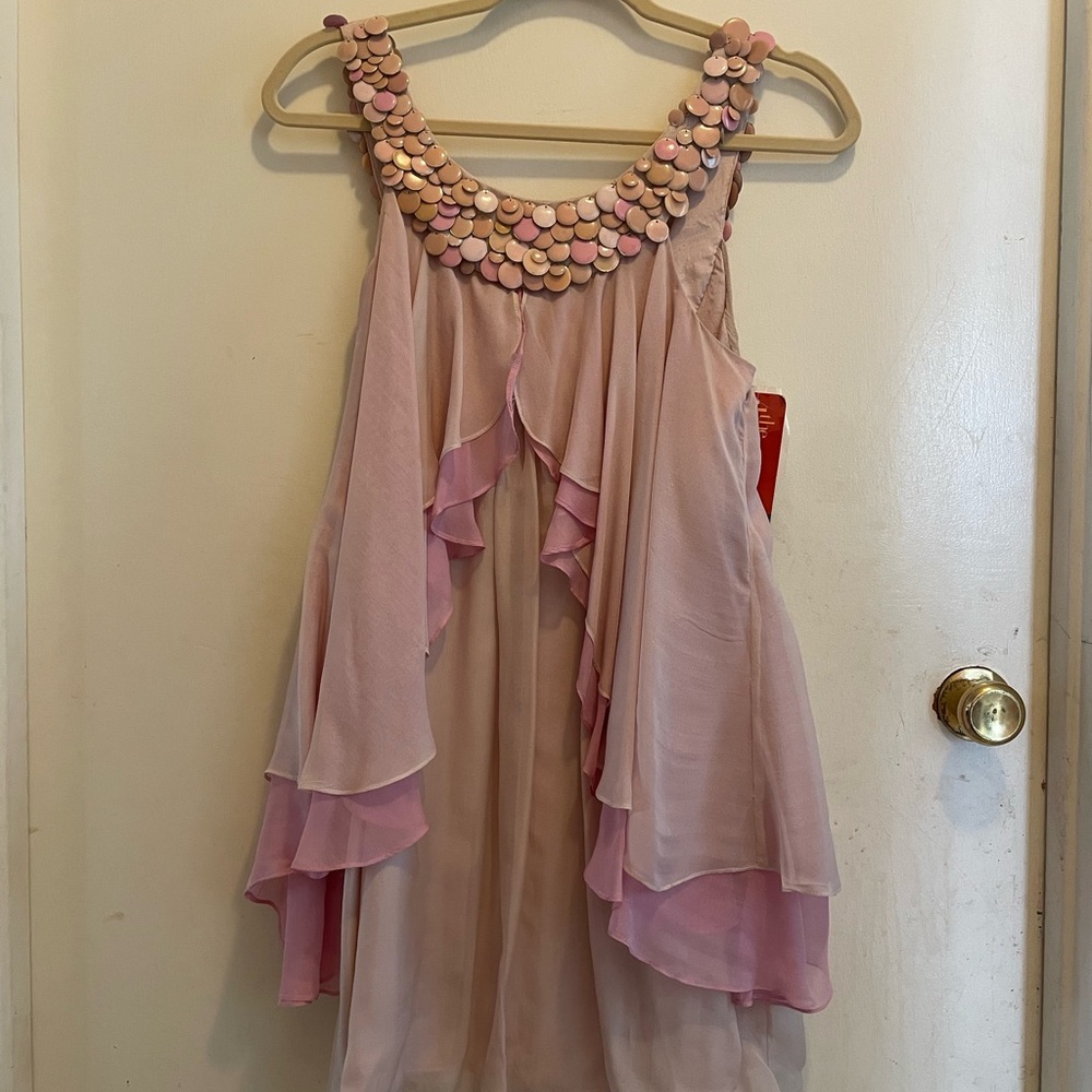 Pink Sleeveless Ruffled Blouse with Embellished Neckline - Picture 2 of 5
